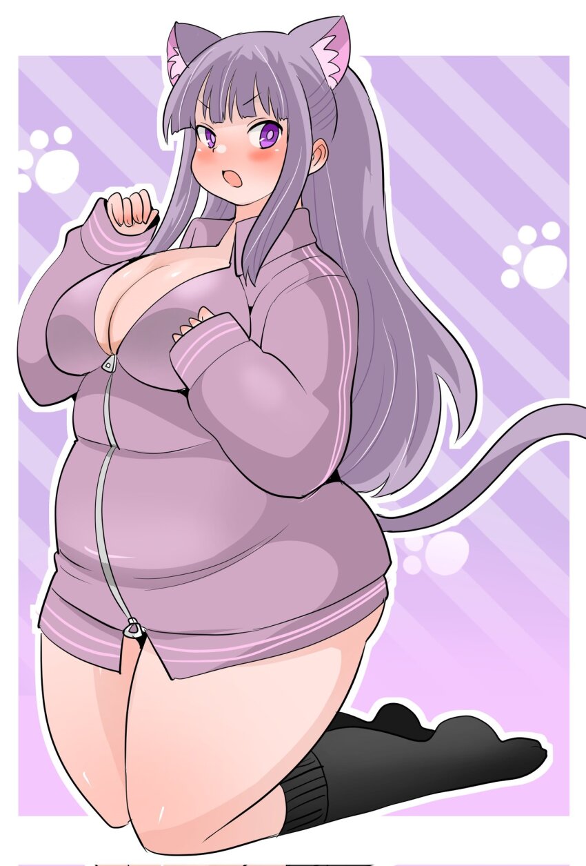 1girl animal_ear_fluff animal_ears black_socks blush bottomless breasts cat_ears cat_girl cat_tail cleavage fern_(sousou_no_frieren) highres jacket kneeling long_hair medium_breasts open_mouth plump purple_background purple_eyes purple_hair purple_jacket sidelocks socks solo sousou_no_frieren tail thick_thighs thighs toyishiki_shizuoka track_jacket