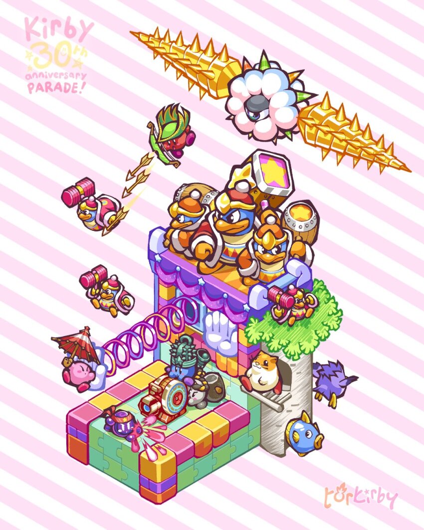 alternate_color anniversary archer_kirby arrow_(projectile) artist_name bell_kirby bird bow_(weapon) character_name closed_eyes closed_mouth coat coo_(kirby) copy_ability copyright_name fighter_kirby fish flying from_behind green_hat hammer hammer_kirby hamster hat highres holding holding_bow_(weapon) holding_hammer holding_weapon kine_(kirby) king_dedede kirby kirby_(series) kirby_fighters_deluxe kracko nintendo one-eyed open_clothes open_coat open_mouth orange_coat orange_hat parasol_kirby pom_pom_(clothes) red_coat red_hat rick_(kirby) smile spikes springy_hand star_(symbol) striped_background torkirby two-tone_background weapon