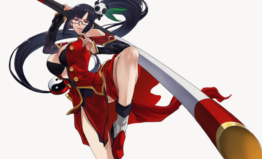 1girl arc_system_works bare_shoulders black_bra black_hair blazblue bo_staff bra breasts china_dress chinese_clothes cleavage cleavage_cutout clothing_cutout dress gauss_&lt;bokashi glasses hair_ornament high_ponytail highres holding holding_behind_back holding_polearm holding_polearm_behind_back holding_weapon holding_weapon_behind_back lao_jiu large_breasts litchi_faye_ling long_hair open_clothes panda panda_hair_ornament pelvic_curtain polearm ponytail purple_eyes red_dress semi-rimless_eyewear simple_background solo staff standing standing_on_one_leg underwear weapon white_background yin_yang