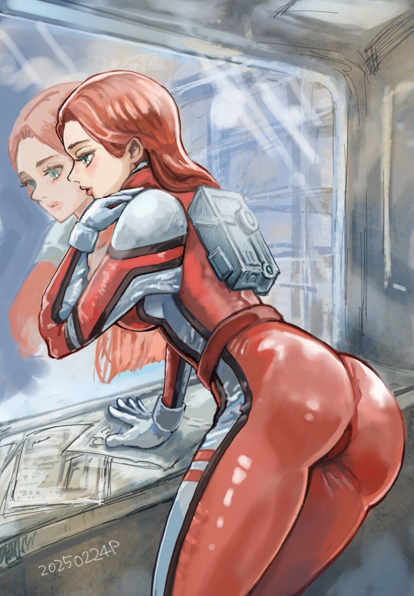 1girl ass bent_back blue_eyes christina_mackenzie commentary cropped_legs dated gundam gundam_0080 highres long_hair mecha_pilot_suit normal_suit_(gundam) okrdisk2000 orange_hair parted_lips reflection solo window