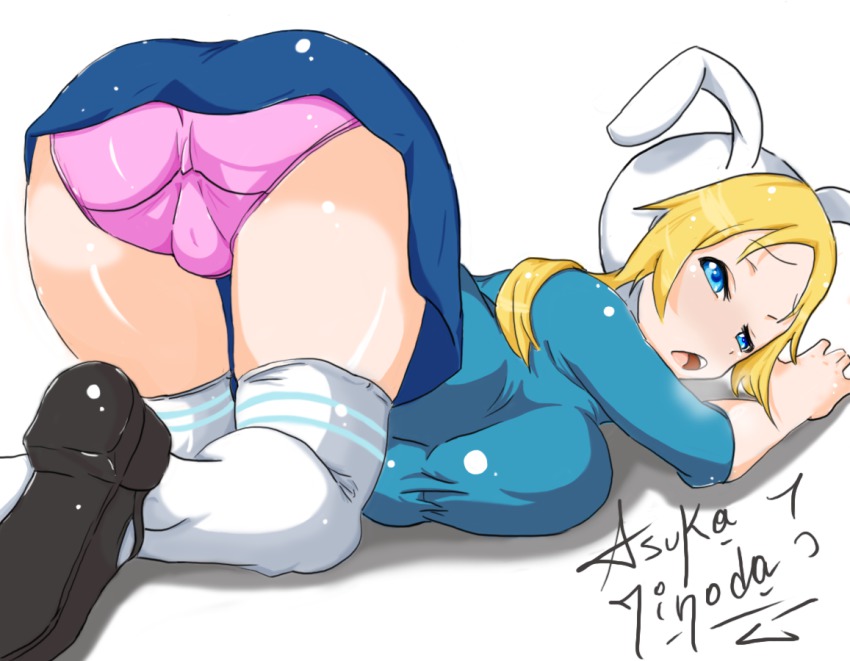 1girl adventure_time animal_hood artist_request ass blonde_hair blue_eyes breasts fallen_down fat_mons female_focus fionna_campbell flats gender_request genderswap hood large_breasts panties pantyshot pink_panties rabbit_hood signature skirt solo thighhighs top-down_bottom-up underwear upskirt white_thighhighs