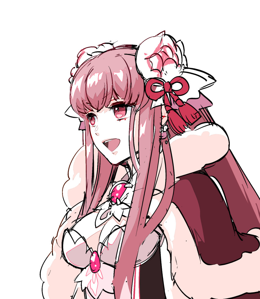 1girl :d breasts bun_cover cape cleavage double_bun dress fur-trimmed_cape fur_trim grey_dress hair_bun hair_ribbon highres large_breasts long_hair looking_afar miya_daisuke official_alternate_costume open_mouth pink_brooch pink_cape pink_eyes pink_hair pink_theme ragnarok_online red_ribbon ribbon sidelocks simple_background smile solo upper_body v-shaped_eyebrows warlock_(ragnarok_online) white_background