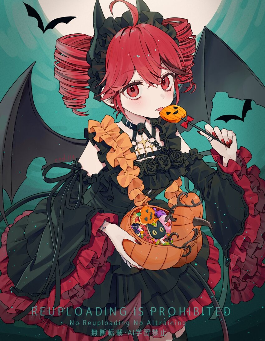1girl ahoge alternate_costume artist_name bare_shoulders bat_wings black_dress black_hairband black_sleeves blush bow candy closed_mouth commentary cowboy_shot crossed_bangs ctd_114 detached_sleeves double-parted_bangs dress drill_hair fake_horns food frilled_sleeves frills hair_between_eyes hairband halloween highres holding holding_candy holding_food holding_lollipop horns kasane_teto lollipop long_sleeves looking_at_viewer moon nail_polish pumpkin red_bow red_eyes red_hair red_nails short_hair sleeveless sleeveless_dress solo tongue tongue_out twin_drills utau watermark wings