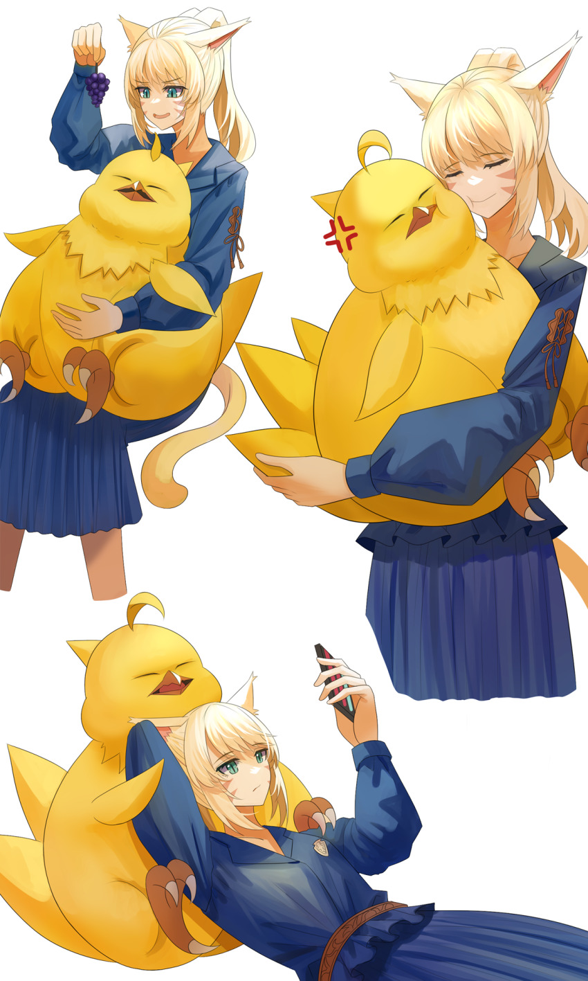 1girl anger_vein animal animal_ears belt bird blonde_hair blue_shirt blue_skirt cat_ears cat_tail cheek_press closed_mouth cropped_legs eyebrows_hidden_by_hair fat_chocobo final_fantasy final_fantasy_xiv food fruit grapes green_eyes grin highres holding holding_animal holding_bird holding_food holding_fruit holding_phone long_bangs long_hair lying_on_animal miqo&#039;te multiple_views ojiki open_mouth phone shirt skirt slit_pupils smile tail