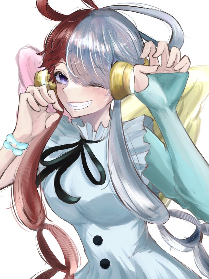 1girl asymmetrical_sleeves behind-the-head_headphones black_ribbon blush breasts claw_pose clenched_teeth commentary_request dress hair_rings headphones highres large_breasts looking_at_viewer multicolored_hair neck_ribbon one_eye_closed one_piece one_piece_film:_red purple_eyes red_hair ribbon simple_background smile solo split-color_hair tanake_(tanakei_ado) teeth upper_body uta_(one_piece) white_background white_dress white_hair