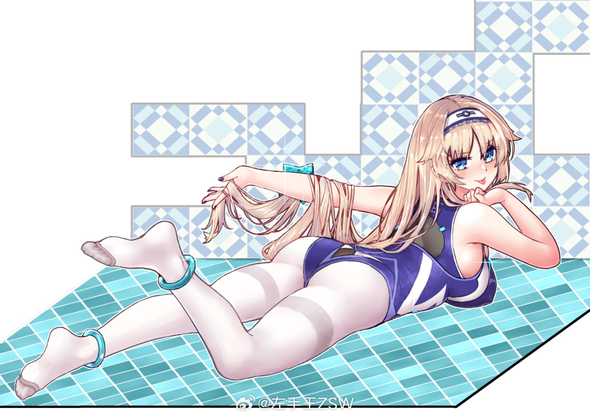 1girl :p anklet ass blonde_hair blue_eyes bracelet breasts competition_swimsuit enterprise_(warship_girls_r) feet full_body hair_flaps hairband jewelry large_breasts long_hair looking_at_viewer lying nail_polish no_shoes on_stomach one-piece_swimsuit pantyhose pantyhose_under_swimsuit smile solo swimsuit thighband_pantyhose tongue tongue_out warship_girls_r watermark weibo_watermark white_pantyhose z.s.w.