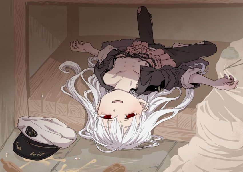 1girl albatross_koukairoku albino bags_under_eyes bed black_leggings blanket bottle bowl breasts brown_coat bunk_bed camisole chopsticks cigarette coat collarbone cum cum_in_container downblouse frilled_camisole frills hat indoors knee_up kuro_(albatross_koukairoku) leggings light_blush long_hair looking_at_viewer lying messy_hair military military_uniform naval_uniform on_back open_mouth pale_skin peaked_cap pink_camisole red_eyes ribs skinny small_breasts smile solo torn_clothes torn_coat uchuu_ika unworn_hat unworn_headwear white_hair
