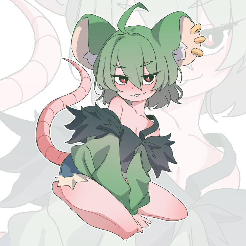 1girl absurdres ahoge animal_ears barefoot between_legs blue_shorts breasts cleavage denim denim_shorts earrings fang full_body green_hair hand_between_legs highres jewelry looking_at_viewer medium_hair mouse_ears mouse_girl mouse_tail orenjipiiru original red_eyes short_shorts shorts sketch strap_slip tail zoom_layer