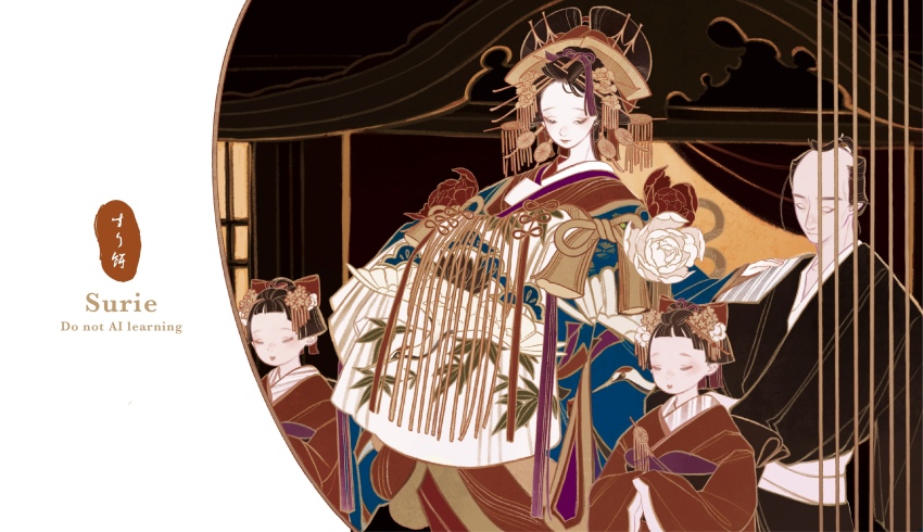1boy 3girls artist_name black_hair black_kimono blue_kimono blunt_bangs blunt_ends closed_mouth flower highres japanese_clothes kimono layered_kimono long_sleeves multiple_girls oiran original pale_skin red_flower red_kimono short_hair standing surie tassel upper_body white_flower wide_sleeves
