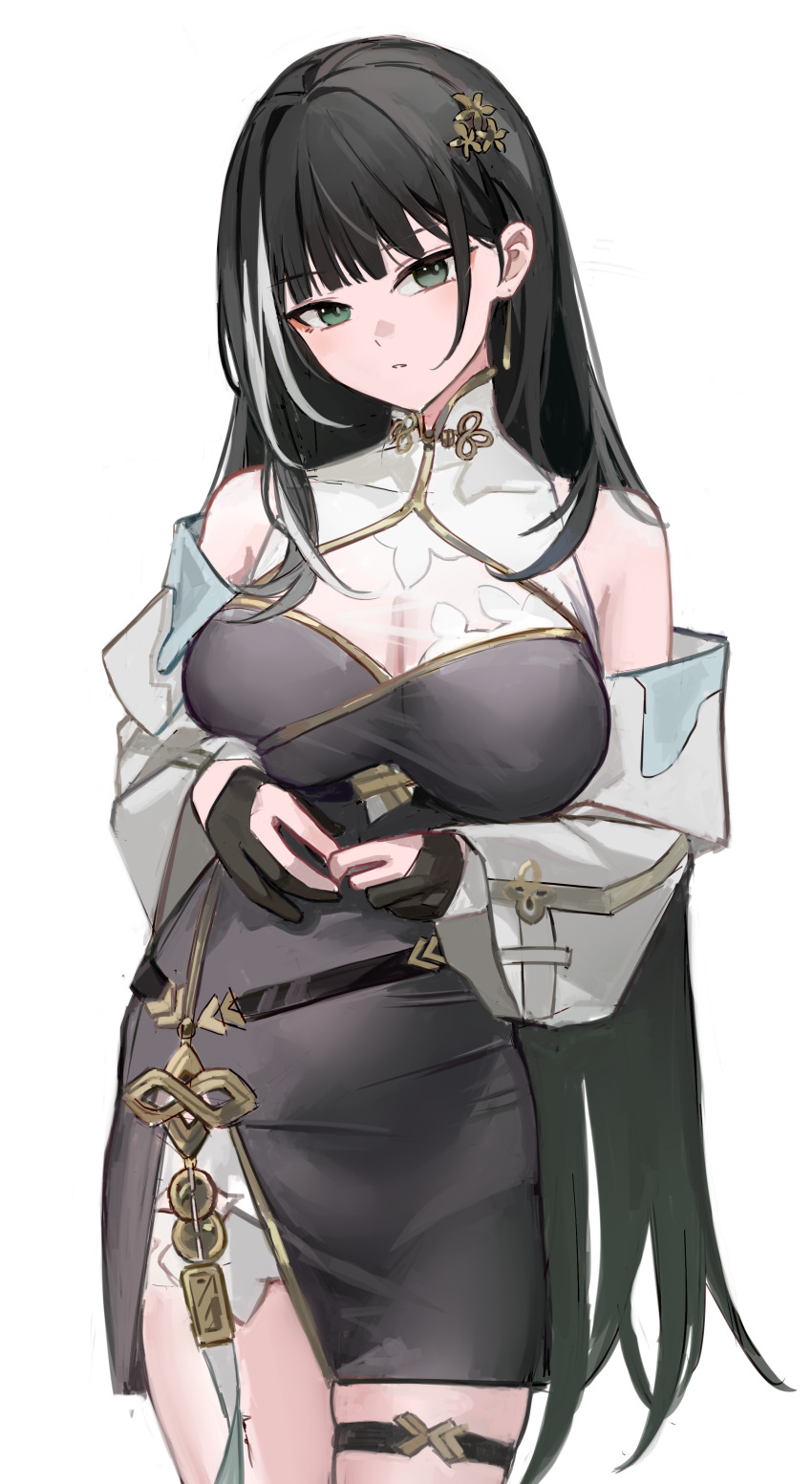 1girl absurdres baizhi_(wuthering_waves) bare_shoulders black_dress black_gloves black_hair breasts cleavage collar commentary cowboy_shot detached_sleeves dress earrings flower gloves green_eyes hair_flower hair_ornament highres jewelry large_breasts long_hair looking_at_viewer multicolored_hair nagata_gata parted_lips partially_fingerless_gloves see-through_cleavage see-through_clothes side_slit simple_background solo streaked_hair thigh_strap very_long_hair white_background white_collar white_sleeves wuthering_waves yellow_flower