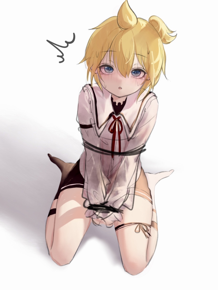 1boy :o ahoge alternate_costume asymmetrical_legwear azulasi black_ribbon black_shorts black_socks blonde_hair blue_eyes blush bound bound_wrists commentary commentary_request english_commentary from_above hair_between_eyes high_ponytail highres kagamine_len leg_ribbon long_sleeves looking_at_viewer male_focus mismatched_legwear mixed-language_commentary neck_ribbon partial_commentary ponytail red_ribbon ribbon sailor_collar shadow shirt short_hair short_shorts shorts sidelocks sitting sketch sleeves_past_fingers sleeves_past_wrists socks solo sweat tearing_up thigh_ribbon vocaloid white_background white_sailor_collar white_shirt white_socks