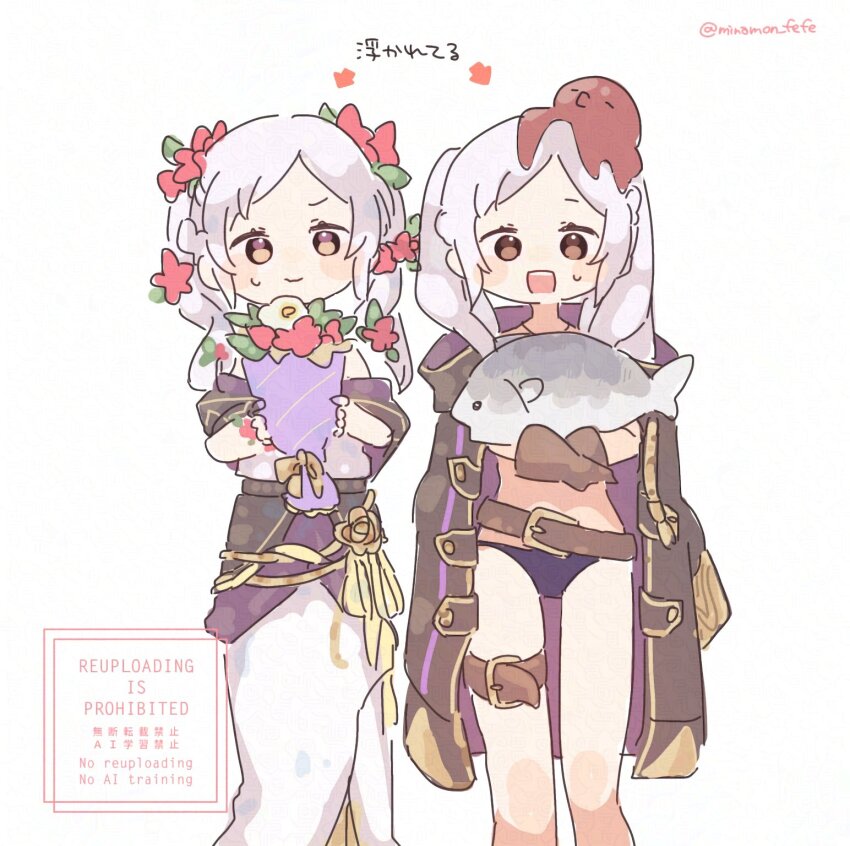2girls animal bare_shoulders belt bikini blush bouquet breasts brown_eyes brown_gloves dress female_robin_(fire_emblem) female_robin_(seaside_tactician)_(fire_emblem) female_robin_(valentine)_(fire_emblem) fire_emblem fire_emblem_awakening fire_emblem_heroes fish flower gloves grey_hair hair_flower hair_ornament head_wreath highres holding holding_animal holding_bouquet holding_fish holding_flower holding_wreath long_dress long_hair looking_at_viewer mermaid_dress multiple_girls navel nintendo octopus official_alternate_costume open_mouth purple_bikini sleeveless smile sorane_amus swimsuit twintails white_hair