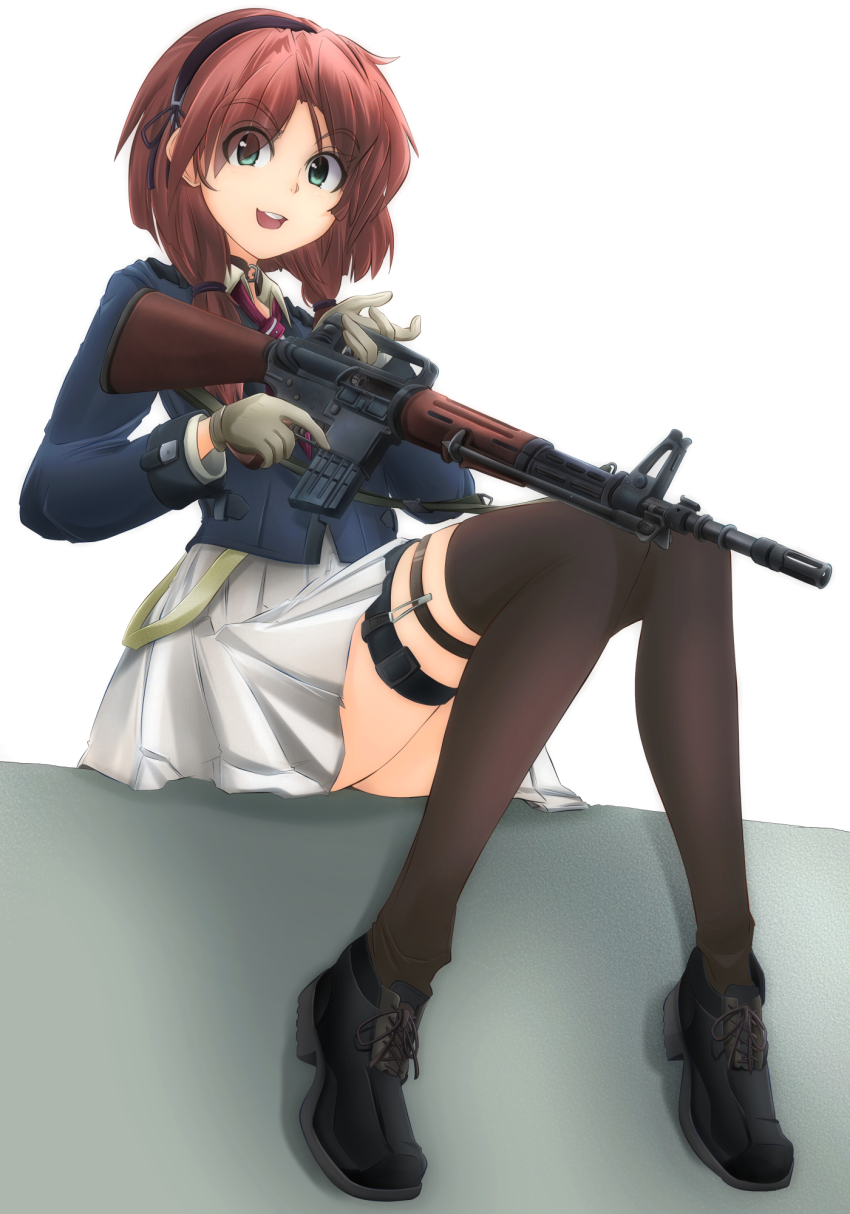 1girl ar-10 battle_rifle black_choker black_hairband black_thighhighs blue_jacket brown_hair choker closed_mouth commentary_request cross-laced_footwear dress_shirt female_focus gloves green_eyes grey_gloves gun hair_over_shoulder hair_tie hairband highres holding holding_gun holding_weapon jacket legs long_sleeves looking_at_viewer medium_hair mikeran_(mikelan) military miniskirt necktie original pleated_skirt purple_necktie rifle shadow shirt shoes simple_background sitting skirt smile solo thigh_strap thighhighs trigger_discipline twintails weapon white_background white_shirt white_skirt