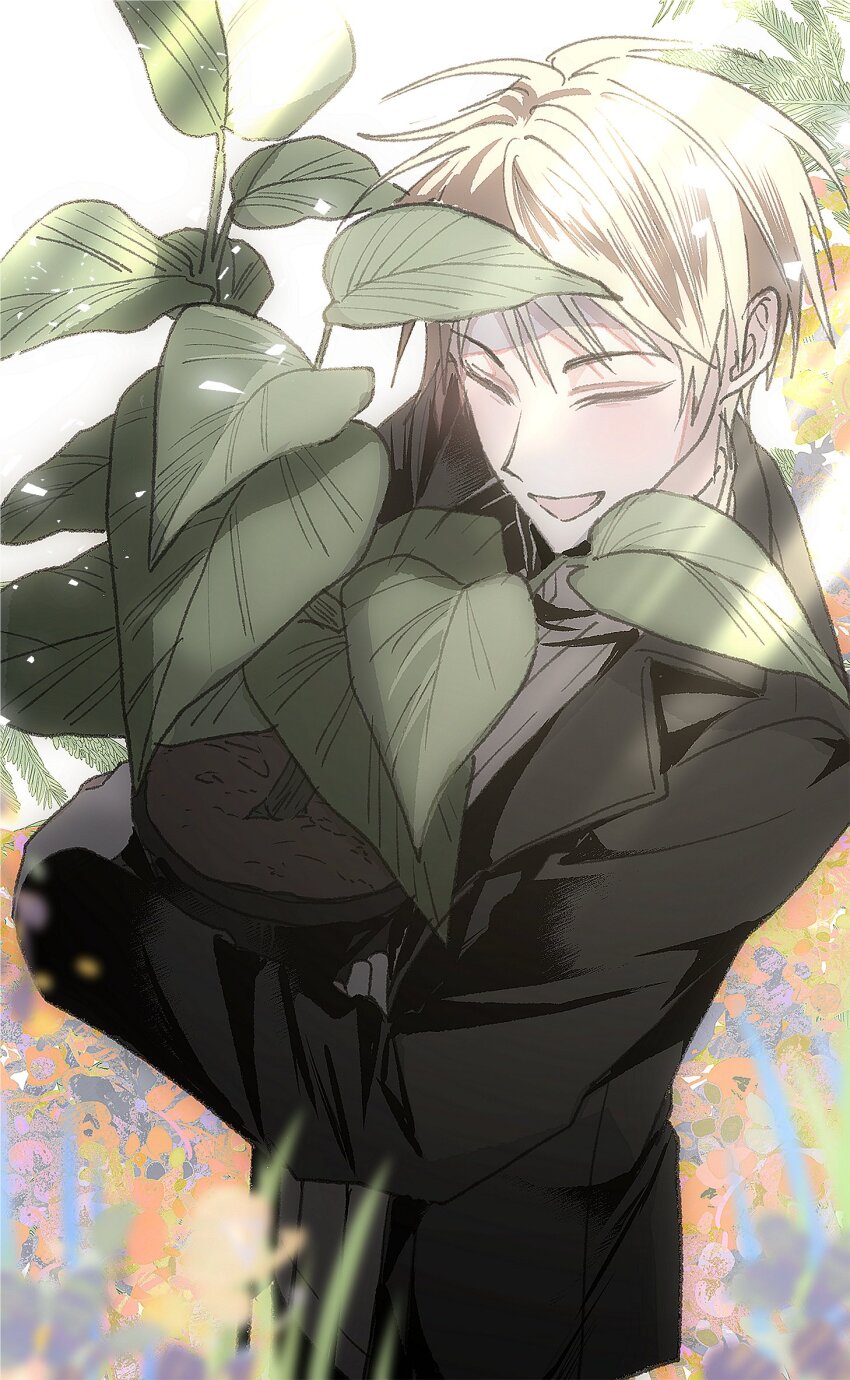 1boy atou_haruki black_jacket blonde_hair closed_eyes commentary_request flower_pot grey_sweater highres holding holding_flower_pot jacket korean_commentary lapels light_particles male_focus notched_lapels open_mouth plant popen potted_plant ribbed_sweater saibou_shinkyoku second-party_source short_hair smile solo sweater upper_body