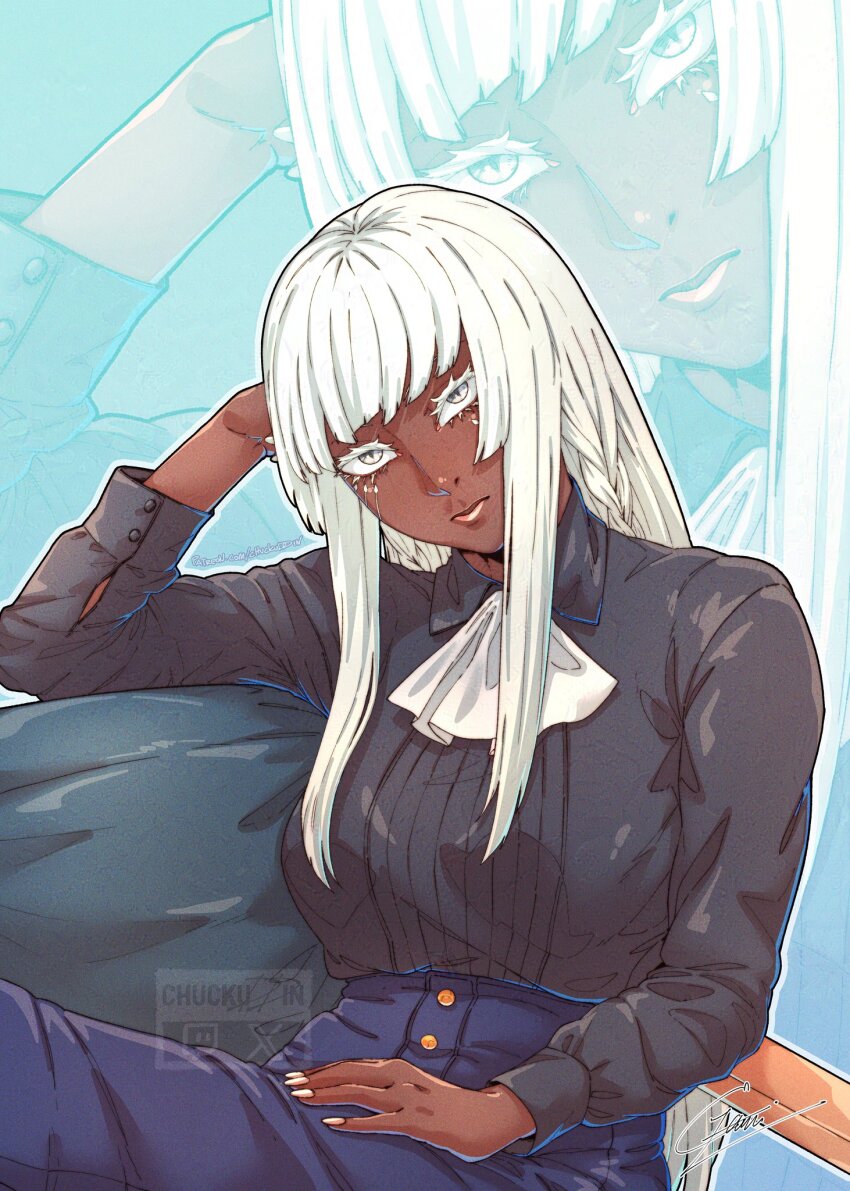1girl ascot black_shirt blue_pants breasts brigitta_(metaphor:_refantazio) chuckuddin collared_shirt colored_eyelashes dark-skinned_female dark_skin highres large_breasts long_hair looking_at_viewer metaphor:_refantazio pants shirt signature sitting solo very_dark_skin white_ascot white_eyelashes white_eyes white_hair zoom_layer