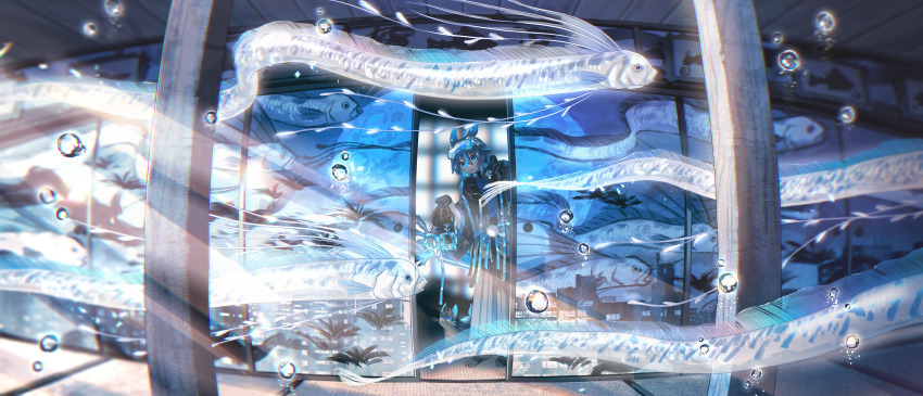 1girl animal_ears black_hair blue_eyes bubble cat fish fusuma goggles goggles_on_head hakama highres isa_(suisuihoi) japanese_clothes new_year oarfish original sea_slug_girl shoes short_hair sliding_doors surreal underwater unworn_shoes