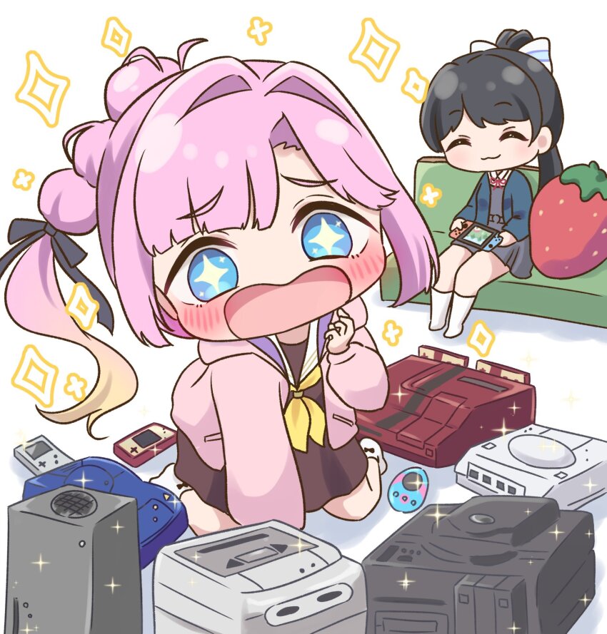+_+ 2girls :3 :d ^_^ all_fours anyoji_hime awestruck black_ribbon blue_eyes blue_jacket blunt_sidelocks blush bow brown_dress closed_eyes collared_shirt commentary_request couch curtained_hair dress dress_shirt game_&amp;_watch game_boy game_boy_(original) game_console gradient_hair grey_dress hair_bow hair_intakes hair_ribbon handheld_game_console happy hasu_no_sora_school_uniform hazuki_ren high_ponytail highres holding holding_handheld_game_console hood hooded_jacket in-franchise_crossover jacket kneehighs link!_like!_love_live! long_hair long_sleeves love_live! love_live!_superstar!! medium_dress multi-tied_hair multicolored_hair multiple_girls neck_ribbon neckerchief nintendo nintendo_switch no_shoes on_couch open_clothes open_jacket open_mouth pinafore_dress pink_hair pink_jacket pleated_dress ponytail raised_inner_eyebrows red_ribbon ribbon ritaso sailor_collar sailor_dress school_uniform shirt short_dress sidelocks sitting sleeveless sleeveless_dress smile socks sparkle stuffed_food stuffed_strawberry stuffed_toy super_famicom tamagotchi tamagotchi_(classic) tamagotchi_(virtual_pet) trait_connection two-tone_hair very_long_hair virtual_youtuber white_bow white_sailor_collar white_shirt white_socks winter_uniform xbox_series_x yellow_neckerchief yuigaoka_school_uniform