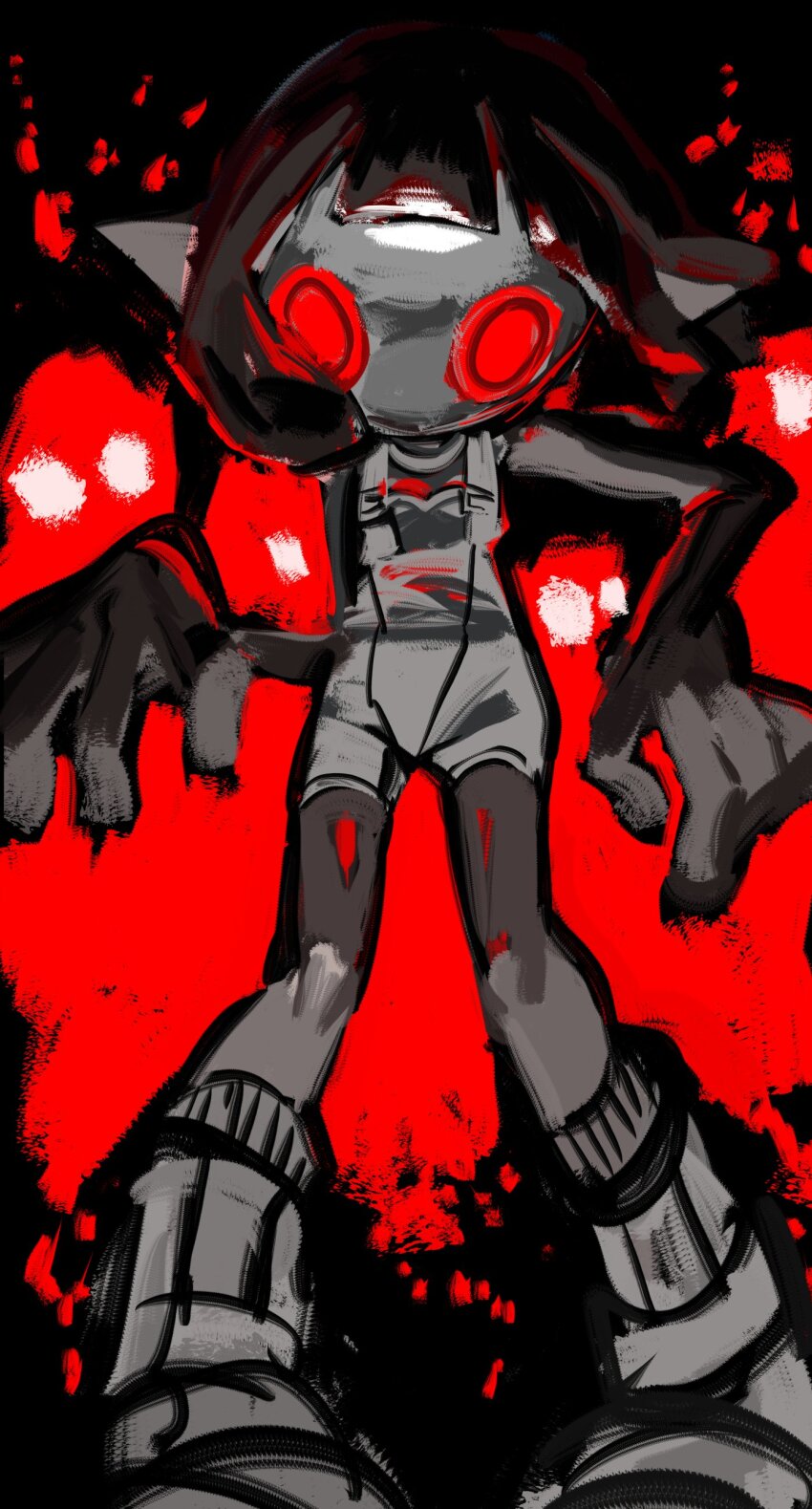 1girl absurdres black_background black_hair bodysuit colored_skin d0000_ff full_body grey_skin highres jelleton looking_at_viewer mask nintendo parallel_canon_(splatoon) pointy_ears red_eyes short_hair sleeveless sleeveless_bodysuit splatoon_(series) splatoon_3 splatoon_3:_side_order squid_girl standing tentacle_hair white_bodysuit white_footwear