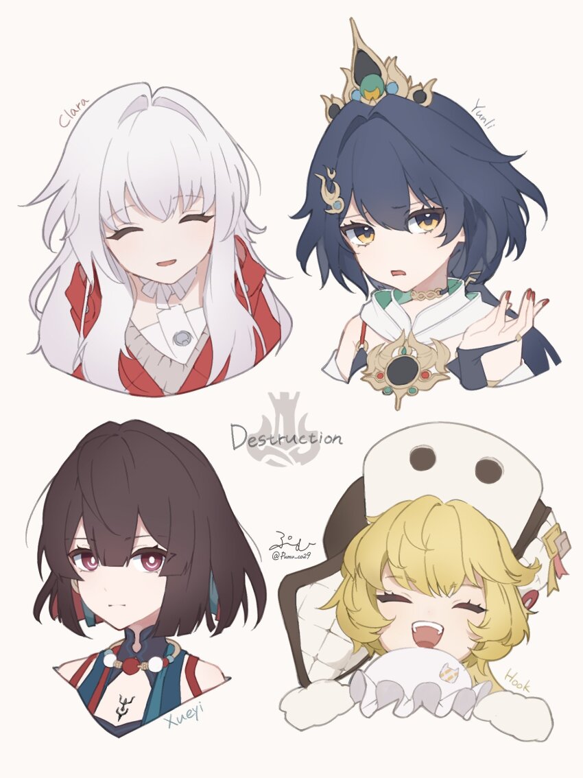 4girls :d bead_necklace beads black_hair blonde_hair bridal_gauntlets bright_pupils brown_hair child chinese_clothes clara_(honkai:_star_rail) closed_eyes coat collar colored_inner_hair fur_trim hat headpiece highres honkai:_star_rail honkai_(series) hook_(honkai:_star_rail) jacket jewelry low_twintails multicolored_hair multiple_girls necklace open_mouth parted_lips pumu_(pumu_co29) red_coat red_jacket red_nails smile twintails white_background white_collar white_hair white_hat white_pupils xueyi_(honkai:_star_rail) yunli_(honkai:_star_rail)