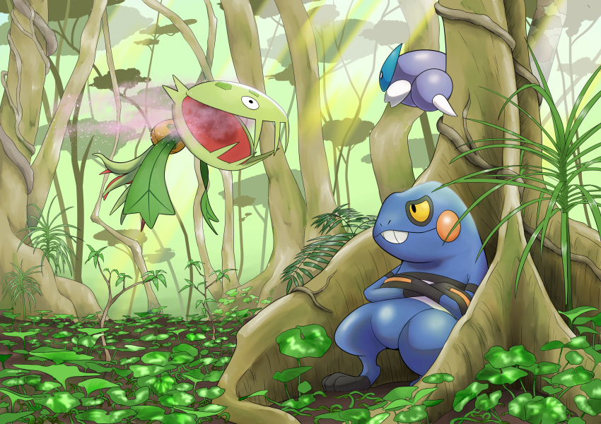 absurdres against_tree black_eyes carnivine colored_sclera croagunk crossed_arms day gen_4_pokemon highres nintendo no_humans open_mouth outdoors plant pokemon pokemon_(creature) powder q-chan skorupi sunlight tree yellow_sclera