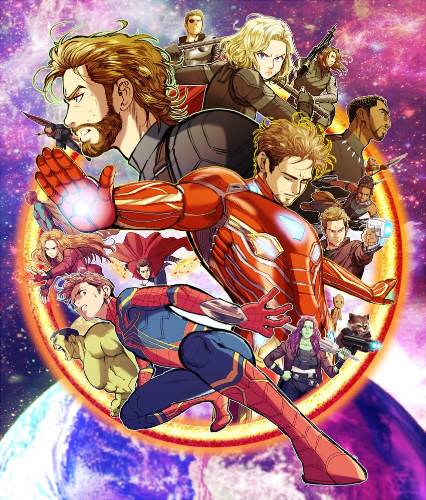 5girls 6+boys animal_ears animal_nose animal_print animification arc_reactor armor arms_up avengers:_infinity_war avengers_(series) bag bare_shoulders beard belt black_bag black_belt black_bodysuit black_eyes black_gloves black_hair black_panther_(marvel) black_pants black_shirt black_tank_top black_widow blonde_hair blue_bodysuit blue_eyes blue_pants blue_shirt bodysuit brown_eyes brown_fur brown_hair brown_jacket cape captain_america cloak closed_eyes closed_mouth collarbone collared_jacket colored_skin commentary_request dark-skinned_male dark_skin doctor_strange eyepatch eyeshadow facial_hair fang fangs fingerless_gloves flying full_armor gamora gem gloves gradient_sky green_bodysuit green_skin grey_armor grey_hair groot gun hand_on_own_hip hand_up hands_up highres holding holding_gun holding_polearm holding_sword holding_weapon hulk iron_man jacket bucky_barnes jewelry jungyun99 korean_commentary light_brown_hair lips long_hair long_sleeves looking_at_viewer looking_to_the_side looking_up magic makeup marvel marvel_cinematic_universe mechanical_wings multicolored_armor multicolored_hair multiple_boys multiple_girls natasha_romanoff necklace okoye open_clothes open_jacket open_mouth orange_hair pants peter_parker peter_quill pink_sky planet polearm power_armor prosthesis prosthetic_arm purple_eyes purple_eyeshadow purple_hair purple_sky raccoon_ears red_armor red_bodysuit red_cape red_cloak red_gemstone red_jacket red_shirt red_skin rocket_raccoon sam_wilson scarlet_witch shirt short_hair shuri_(marvel) sky space spear spider-man spider_print spider_web_print star_(sky) starry_sky steve_rogers sunglasses superhero_costume sweatdrop sword t&#039;challa t-shirt tank_top teeth the_falcon thor_(marvel) tongue tony_stark two-tone_bodysuit two-tone_hair v-shaped_eyebrows vision_(marvel) wanda_maximoff weapon wings winter_soldier yellow_armor yellow_cape