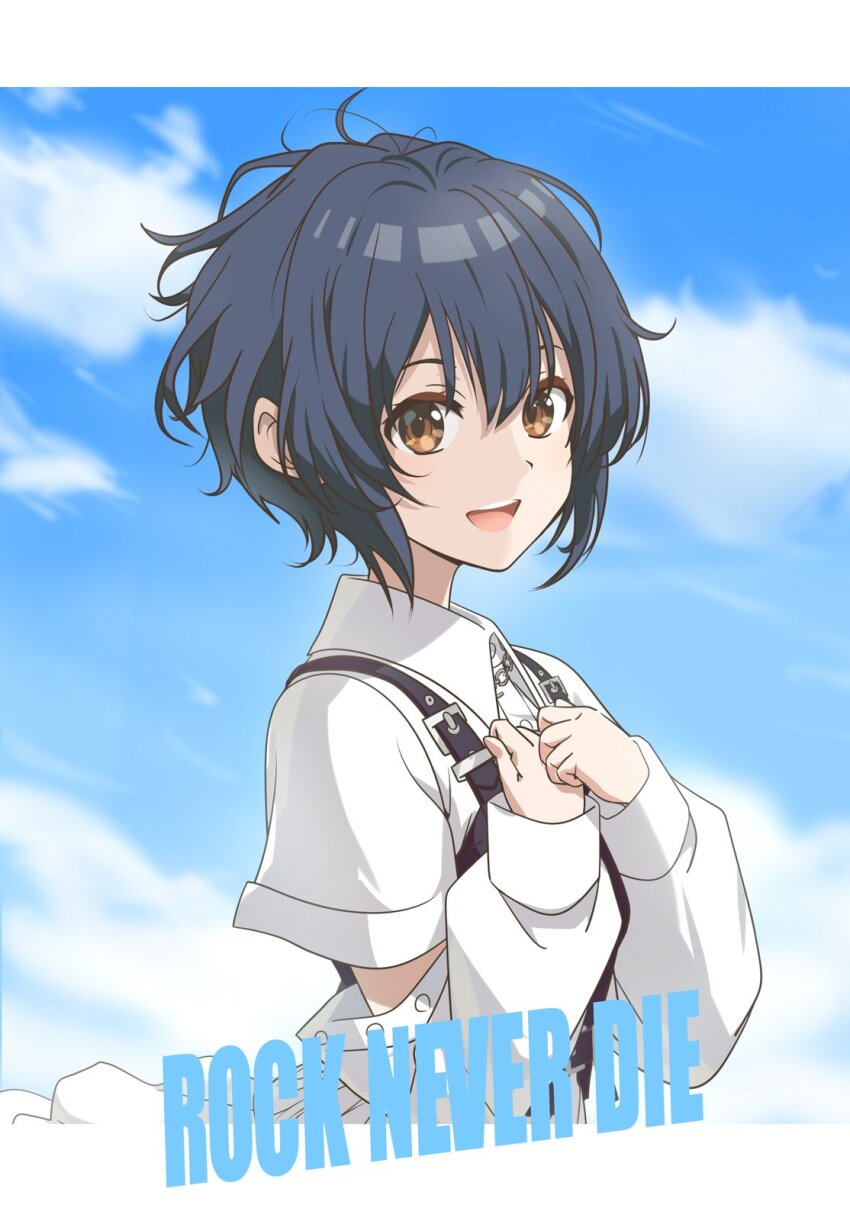 1girl 22/7 :d black_hair bodice brown_eyes collared_dress dress from_side hair_between_eyes hands_on_own_chest highres letterboxed long_sleeves looking_at_viewer looking_to_the_side matsubokkurin227 open_mouth outdoors rock_wa_shinanai short_hair smile solo song_name takigawa_miu teeth upper_body upper_teeth_only white_dress