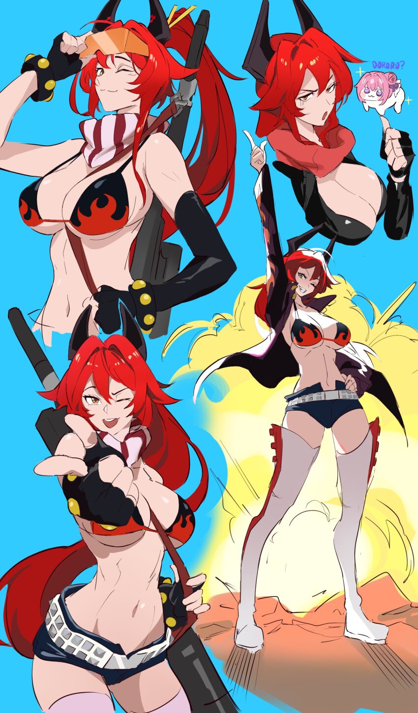 1girl absurdres anti-materiel_rifle bikini bikini_top_only black_gloves black_jacket bracelet breasts cleavage cosplay crop_top doro_(nikke) dorothy_(nikke) elbow_gloves finger_gun fingerless_gloves flame_print gloves goddess_of_victory:_nikke gun hair_between_eyes headgear highres holding holding_behind_back holding_weapon_behind_back horns jacket jewelry kamina_shades large_breasts leather leather_jacket long_hair mechanical_horns midriff multiple_views navel orange_eyes pink_hair purple_eyes rakaieye red_hair red_hood_(nikke) red_scarf rifle scarf short_shorts shorts smile sniper_rifle studded_bracelet swimsuit tengen_toppa_gurren_lagann unzipped very_long_hair weapon yoko_littner yoko_littner_(cosplay) zipper