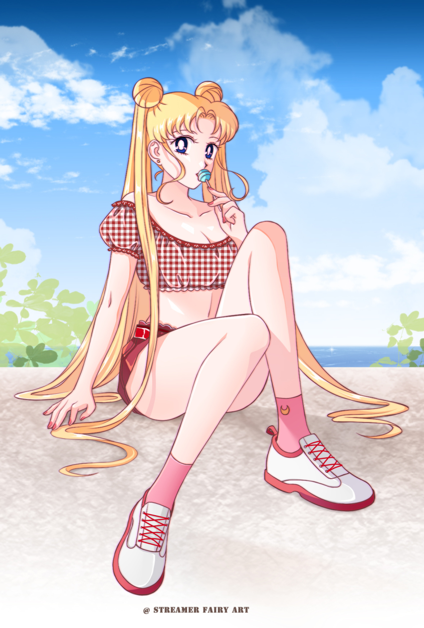 1girl alternate_costume bishoujo_senshi_sailor_moon blonde_hair blue_eyes blue_sky breasts candy cleavage cloud collarbone crop_top day double_bun earrings food full_body hair_bun hair_intakes highres jewelry koya lollipop long_hair medium_breasts midriff nail_polish outdoors pink_socks red_nails red_shorts short_shorts shorts sitting sky socks solo stomach tsukino_usagi twintails twitter_username very_long_hair white_footwear