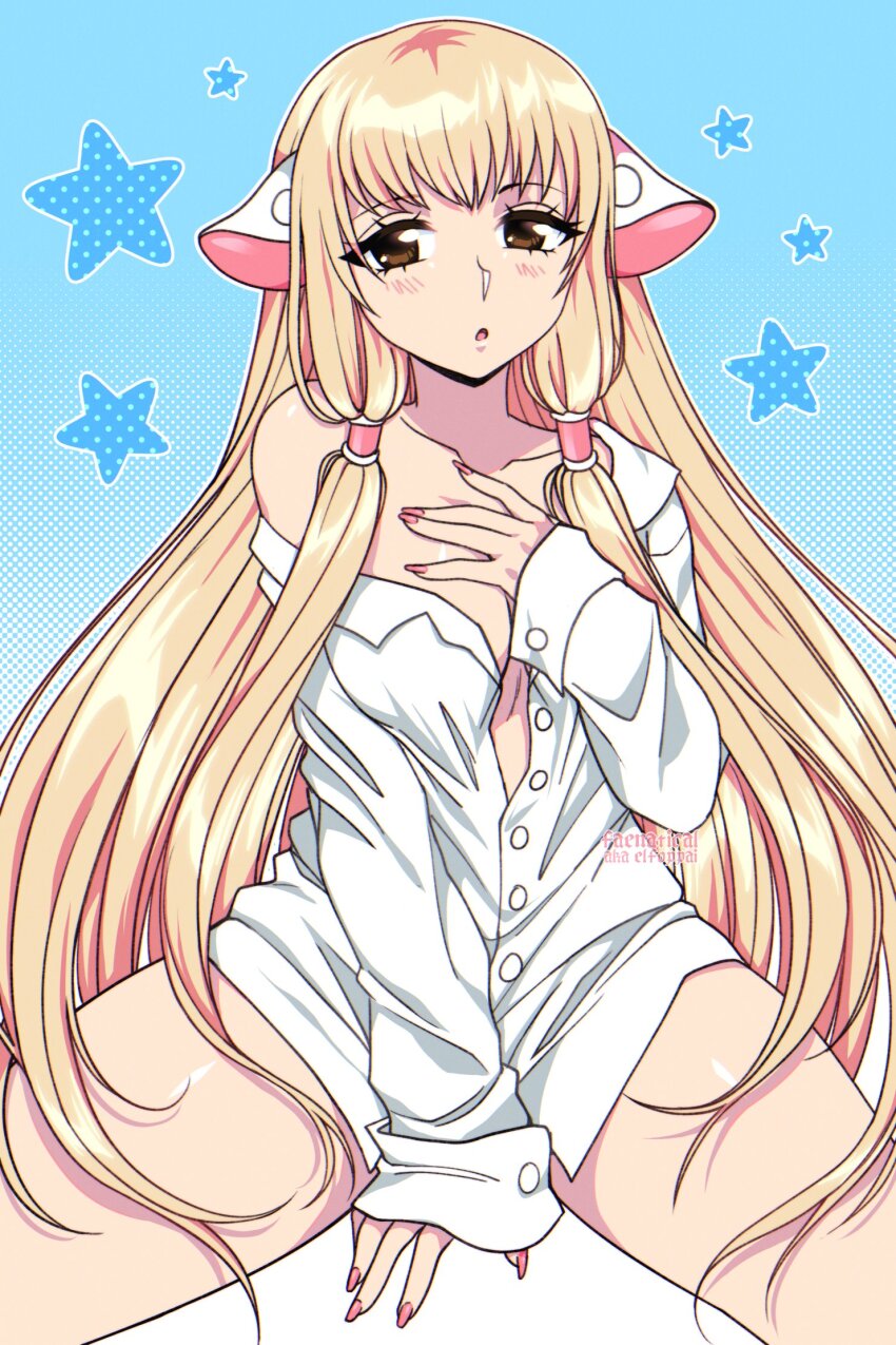 1girl android bare_shoulders blonde_hair blue_background blush borrowed_clothes breasts brown_eyes chii chobits cleavage collarbone faenatical fingernails highres long_hair long_sleeves looking_at_viewer medium_breasts naked_shirt no_bra off-shoulder_shirt off_shoulder oversized_clothes pink_nails robot_ears shirt sitting sleeves_past_wrists solo star_(symbol) star_symbol_background very_long_hair
