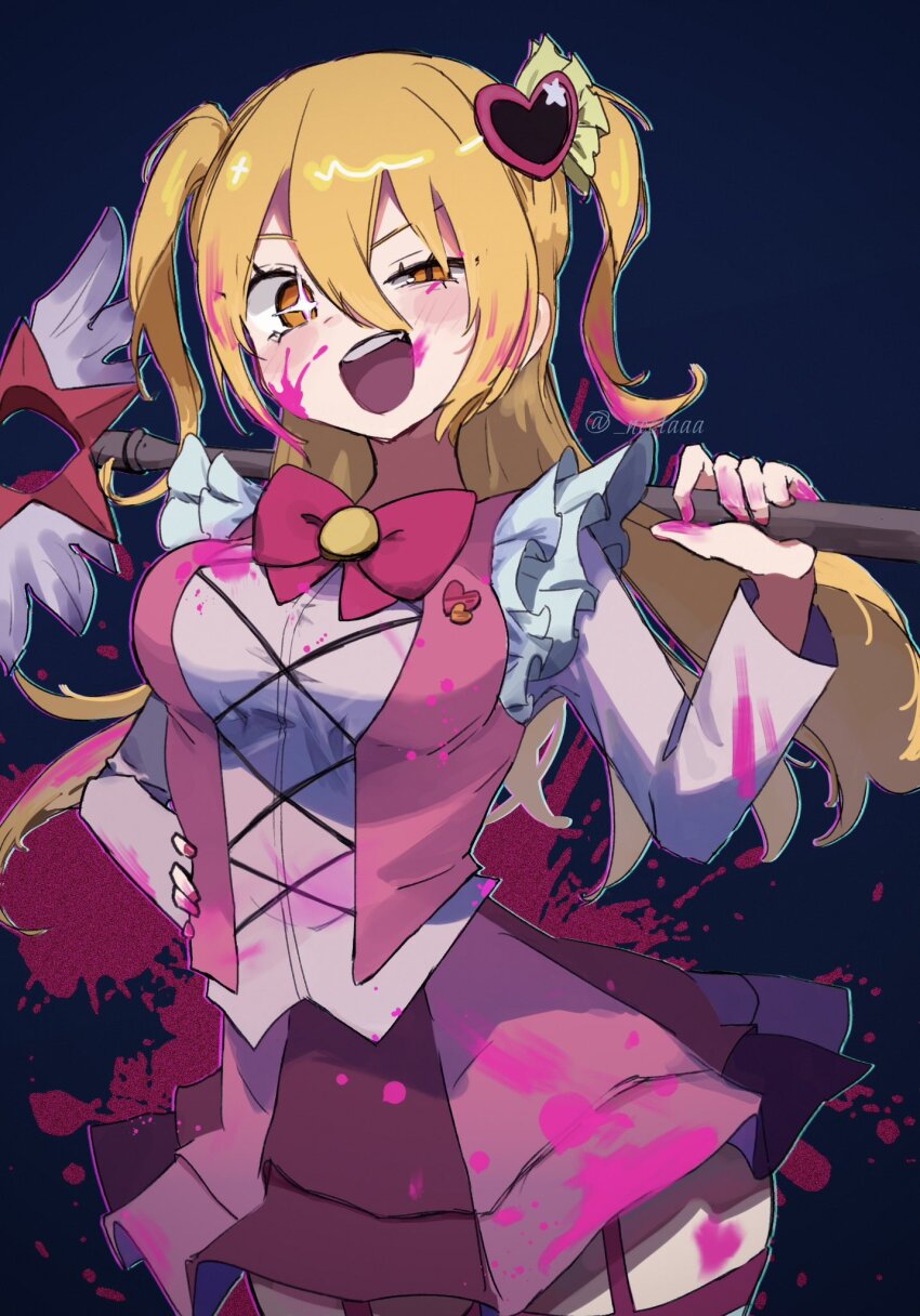 blonde_hair blue_background don_quixote_(project_moon) e.g.o_(project_moon) highres limbus_company lobotomy_corporation long_hair magical_girl nectaaa official_alternate_costume official_alternate_hairstyle one_eye_closed project_moon queen_of_hatred simple_background twintails yellow_eyes