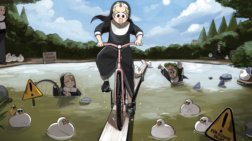 5girls bicycle bird blonde_hair blue_eyes brown_hair bush chicken clumsy_nun_(diva) commentary crocodile_costume diva_(hyxpk) duck duckling english_commentary fake_shark_fin frog_headband froggy_nun_(diva) grey_hair habit highres holding holding_umbrella little_nuns_(diva) multiple_girls nun owl partially_submerged pond rock sheep_nun_(diva) sign slice_of_life spicy_nun_(diva) strict_nun_(diva) sunglasses traditional_nun umbrella warning_sign water