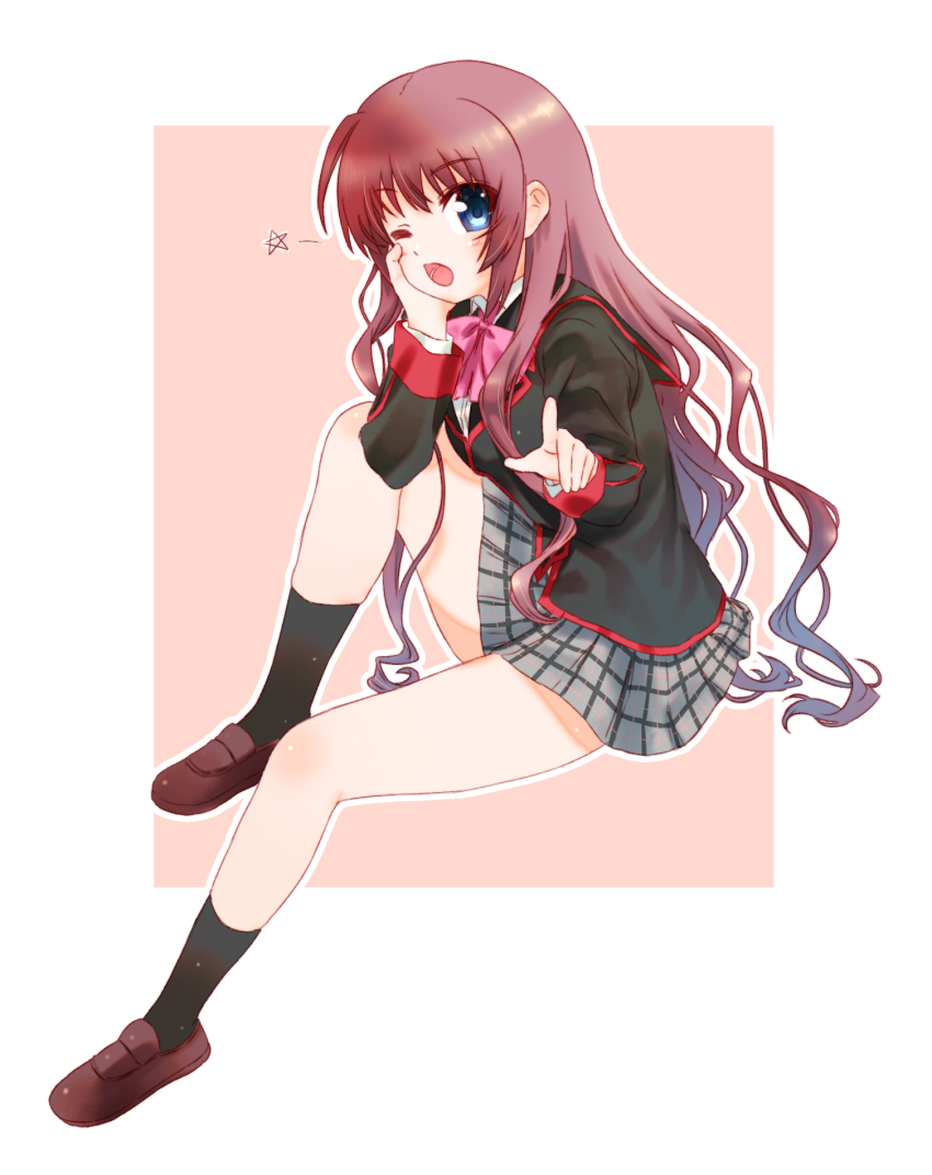 1girl a-chan_(little_busters!) black_jacket black_socks blue_eyes bow brown_hair brown_shoes commentary_request from_side full_body grey_skirt hand_on_own_cheek hand_on_own_face highres index_finger_raised jacket knee_up kneehighs little_busters! little_busters!_school_uniform loafers long_hair long_sleeves looking_at_viewer miniskirt natsuoto_rito one_eye_closed open_mouth pink_background pink_bow plaid_clothes plaid_skirt pointing pointing_at_viewer school_uniform shoes simple_background sitting skirt socks solo star_(symbol) two-tone_background very_long_hair wavy_hair white_background