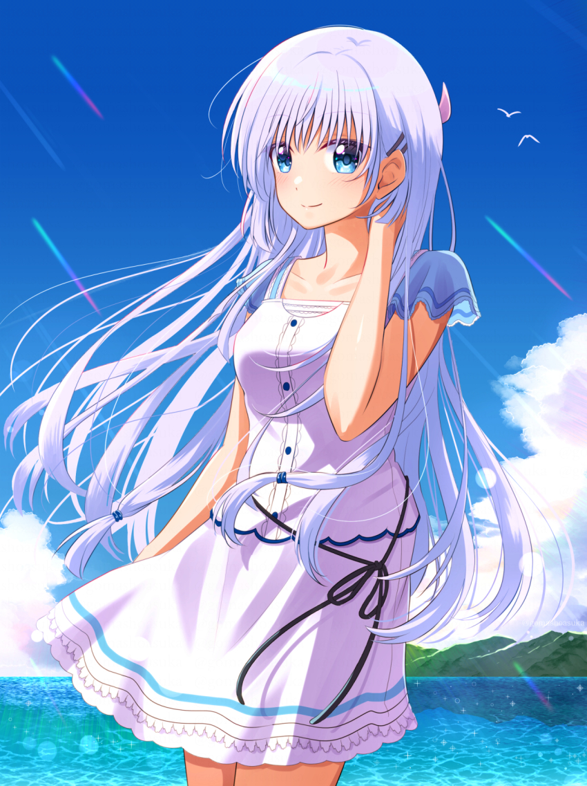1girl =_hair_ornament arm_at_side bird blue_eyes blue_sky blush center_frills closed_mouth cloud collarbone commentary_request cowboy_shot cumulonimbus_cloud day dress floating_clothes floating_hair frilled_dress frills gomasho_asuka hair_between_eyes hair_ornament hair_ribbon hairclip hand_up happy highres lens_flare long_hair looking_at_viewer naruse_shiroha ocean outdoors pink_ribbon ribbon seagull short_sleeves sidelighting sky smile solo sparkle split_mouth summer_pockets sunlight three_quarter_view very_long_hair white_dress white_hair wind