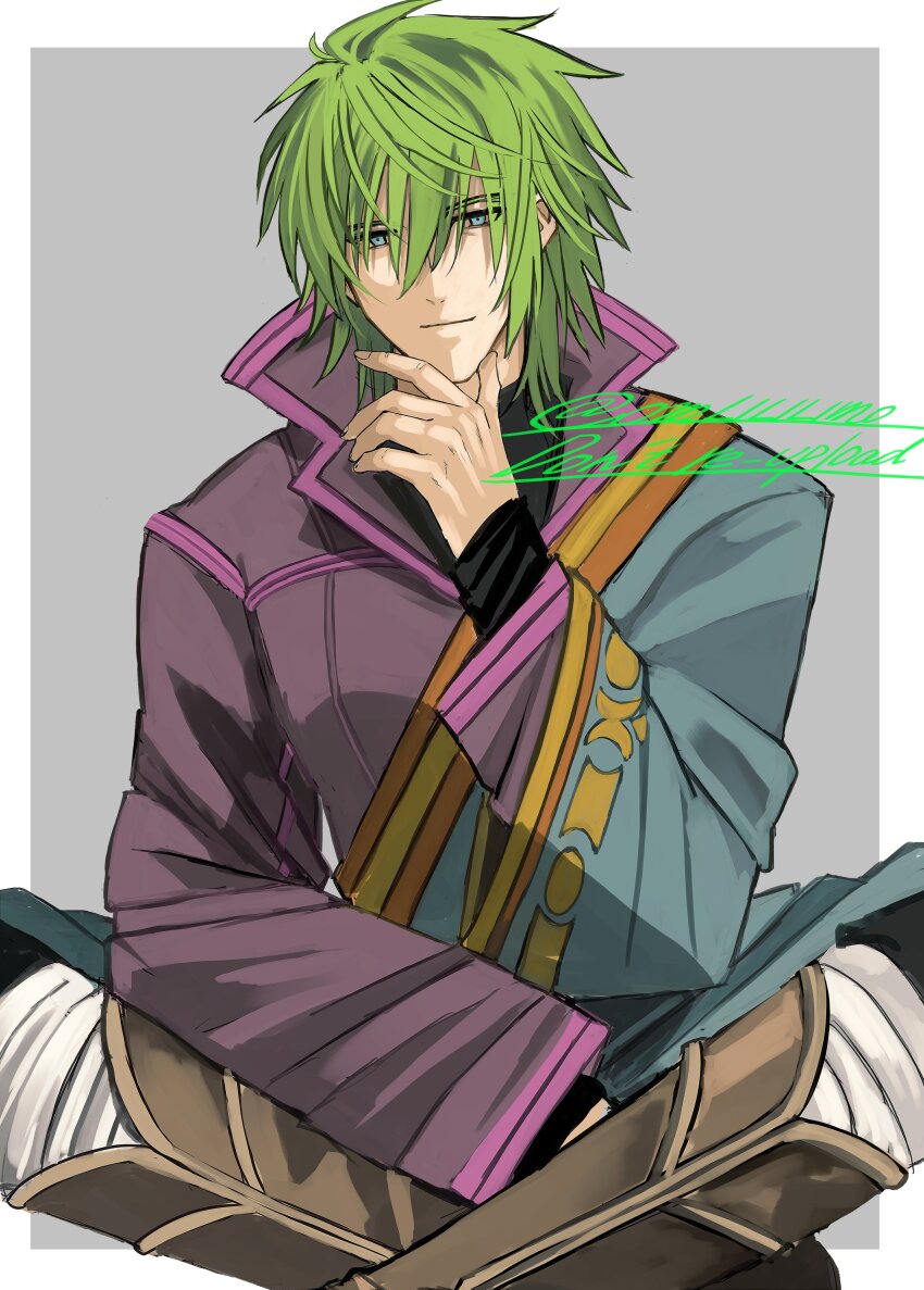1boy absurdres arm_out_of_sleeve fire_emblem fire_emblem:_radiant_dawn green_eyes green_hair highres jacket long_hair male_focus nintendo omlililimo purple_jacket solo stefan_(fire_emblem)