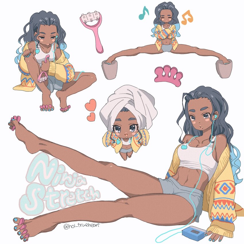 1girl barefoot black_hair blue_nails blush_stickers breasts cable cardigan casual chibi chibi_inset crop_top dark-skinned_female dark_skin earbuds earphones flexible grey_shorts hair_down heart highres hoi_trueheart kimberly_jackson long_hair long_legs massager medium_breasts midriff multicolored_hair musical_note nail_polish official_alternate_costume official_alternate_hairstyle puckered_lips short_shorts shorts sitting solo split street_fighter street_fighter_6 tank_top thick_eyebrows toe_spacer toenail_polish toenails towel towel_on_head two-tone_hair very_dark_skin walkman white_tank_top yellow_cardigan