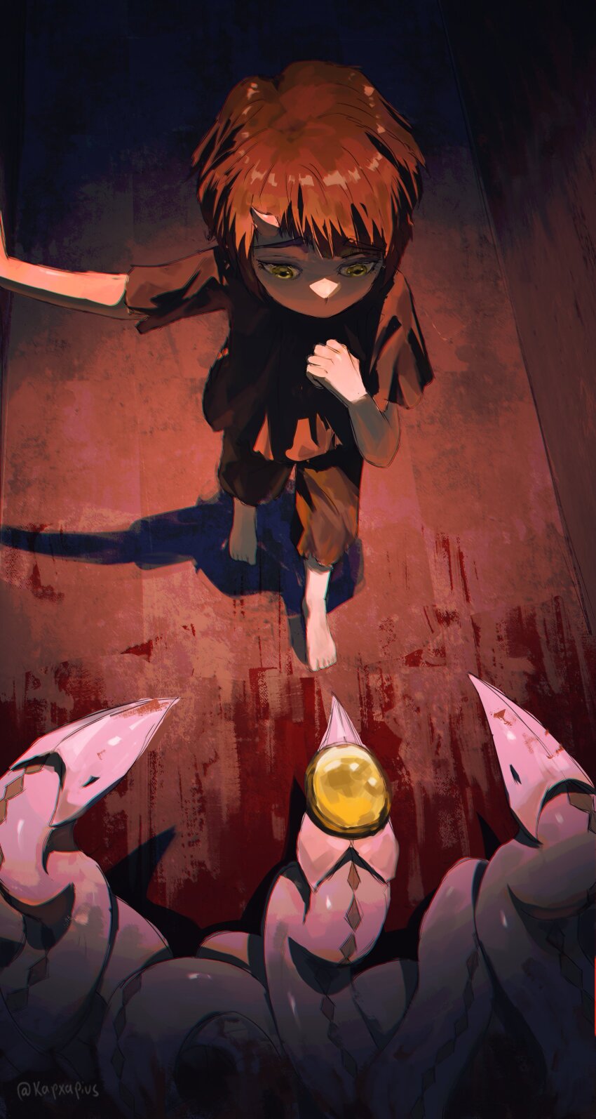 1girl absurdres aged_down androssi_zahard artist_name barefoot brown_hair brown_shirt brown_shorts colored_eyelashes gem hand_on_own_chest highres horns jewelry kapxapius looking_at_another original scales shirt short_hair shorts signature single_horn snake snake_charmer_(tower_of_god) tower_of_god underlighting white_snake yellow_eyes