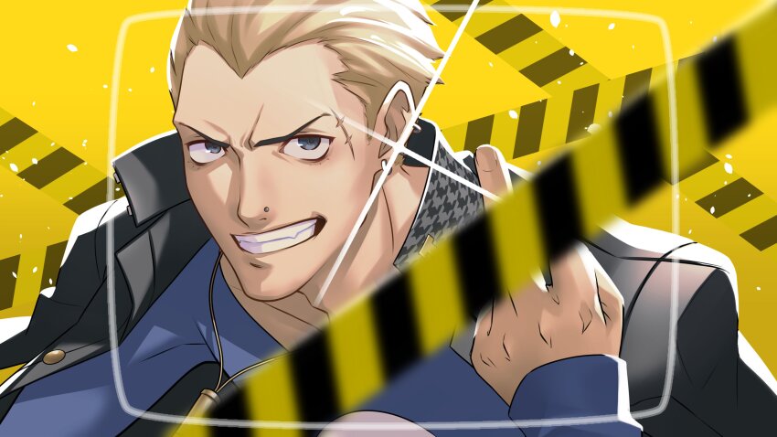 1boy absurdres birthday black_jacket blonde_hair blue_shirt blurry blurry_foreground clenched_teeth collarbone commentary earrings english_commentary grin hair_slicked_back highres jacket jacket_on_shoulders jewelry long_sleeves looking_at_viewer male_focus middle_finger necklace nose_piercing persona persona_4 piercing scar scar_on_face school_uniform shirt smile solo tatsumi_kanji teeth upper_body wanderstillart yasogami_school_uniform