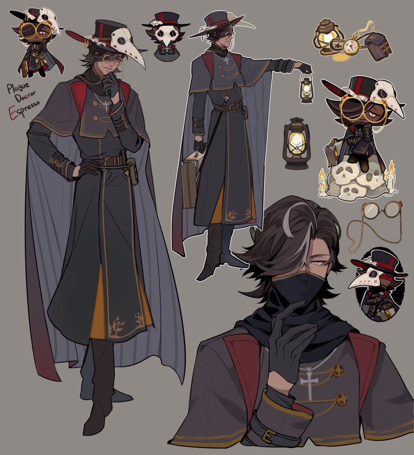 1boy absurdres alternate_costume belt belt_pouch black_gloves black_headwear black_robe boots brown_belt brown_eyes brown_footwear brown_hair candle cane cape chibi chibi_inset chinese_commentary commentary_request cookie_run cookie_run:_kingdom cropped_torso cross cross_necklace crossed_legs dark-skinned_male dark_skin english_text espresso_cookie eyewear_strap finger_to_mouth full_body glasses gloves gradient_clothes grey_background grey_cape grey_hair hair_over_one_eye half_gloves hand_on_own_hip hat highres holding holding_lantern holding_suitcase jewelry kerosene_lamp lantern looking_at_viewer male_focus mask mask_on_head mask_pull mouth_mask multicolored_hair multiple_views necklace outline outstretched_arm plague_doctor plague_doctor_mask pocket_watch pouch robe round_eyewear saka_nagiya short_hair sitting skull slit_pupils standing streaked_hair suitcase watch white_outline yellow-framed_eyewear