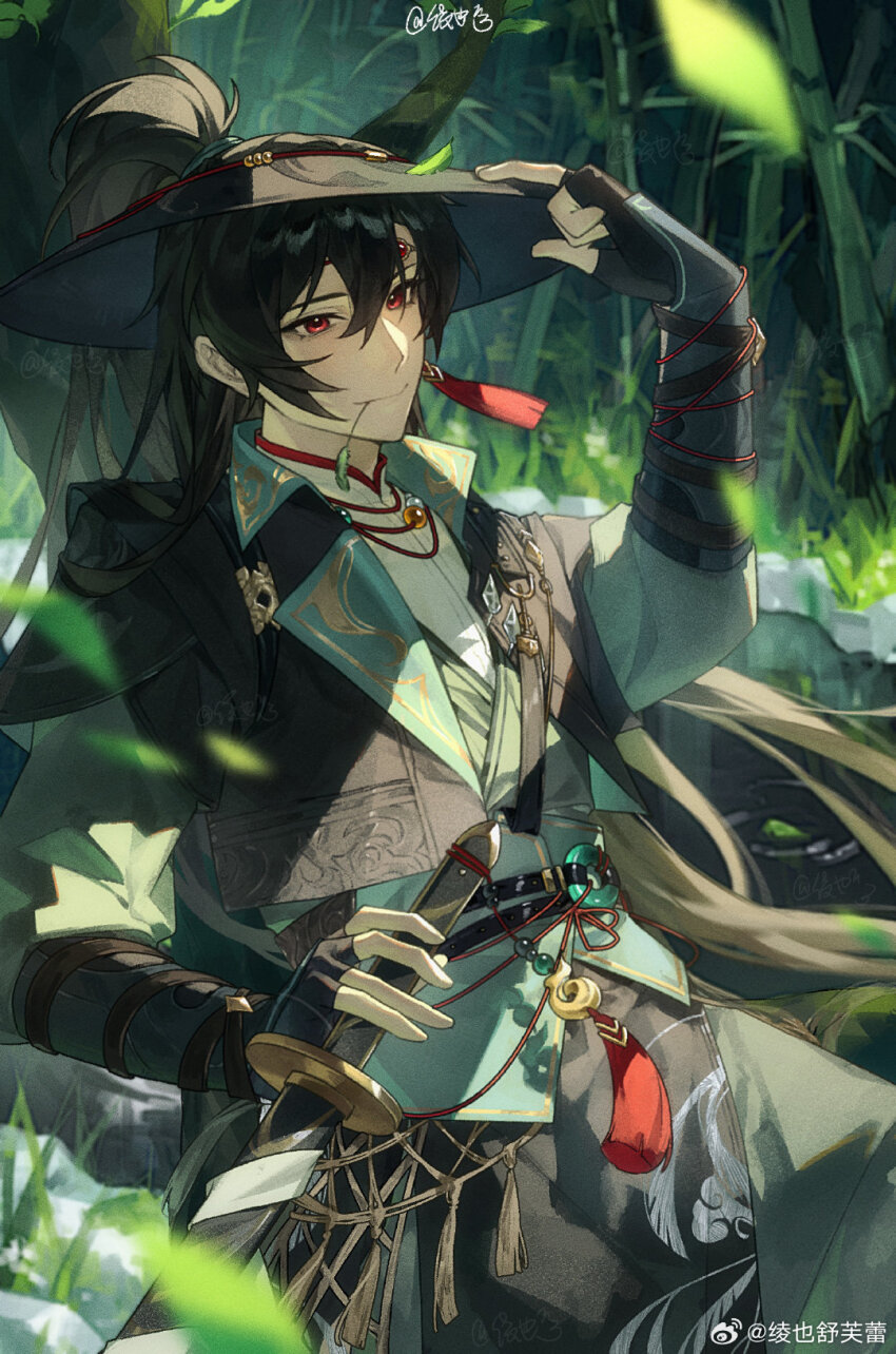 1boy arm_guards arm_strap ayn_alwyn bamboo bamboo_forest bead_necklace beads belt black_belt black_gloves black_hair black_hanfu black_hat black_jacket chinese_clothes chinese_commentary closed_mouth cowboy_shot day earrings falling_leaves fingerless_gloves forest gem gloves green_hanfu green_robe hair_between_eyes half_updo hand_on_headwear hanfu hat head_chain high_ponytail highres holding holding_sword holding_weapon jacket jade_(gemstone) jewelry lapels layered_sleeves leaf ling_ye_shufulei long_hair long_sleeves looking_at_viewer lovebrush_chronicles male_focus mandarin_collar motion_blur mouth_hold nature necklace notched_lapels open_clothes open_hat open_jacket outdoors pelvic_curtain ponytail red_eyes red_gemstone robe rock sheath sheathed shirt short-sleeved_jacket short_over_long_sleeves short_sleeves sideways_glance single_earring smile solo stalk_in_mouth sword tassel tassel_earrings watermark weapon weibo_watermark white_shirt wind yaopei