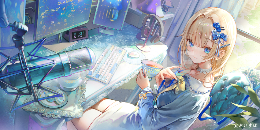1girl aizawa_ema blonde_hair blue_dress blue_eyes chair choker clock closed_mouth computer_keyboard computer_mouse cup curtains desk digital_clock dress hair_ornament hairclip headphones highres holding holding_cup lace-trimmed_choker lace_trim long_hair looking_at_viewer microphone monitor myoushun sample_watermark saucer sitting smile solo tea teacup teapot tray virtual_youtuber vspo! watermark window