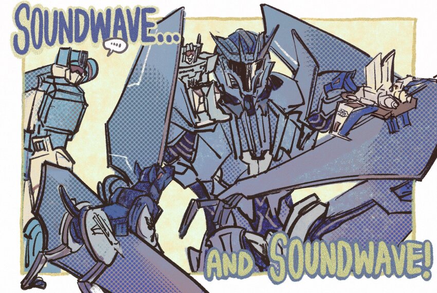 3boys assault_visor bird crossover decepticon dual_persona english_text frenzy_(transformers) highres laserbeak mecha multiple_boys no_humans oohmetal ravage_(transformers) robot science_fiction shoulder_cannon smile soundwave_(transformers) speech_bubble transformers transformers:_generation_1 transformers_prime weapon