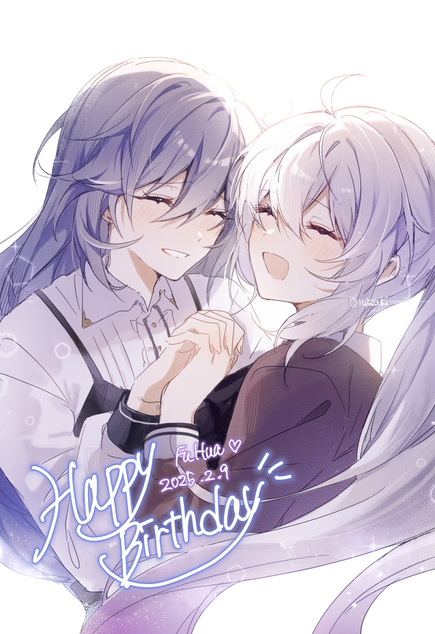 2girls absurdres birthday character_name closed_eyes collared_shirt commentary_request dated facing_viewer fu_hua grey_hair grey_jacket happy_birthday highres holding_hands honkai_(series) honkai_impact_3rd interlocked_fingers jacket kiana_kaslana long_hair multiple_girls open_mouth ponytail rino_ebe shirt smile white_hair white_shirt