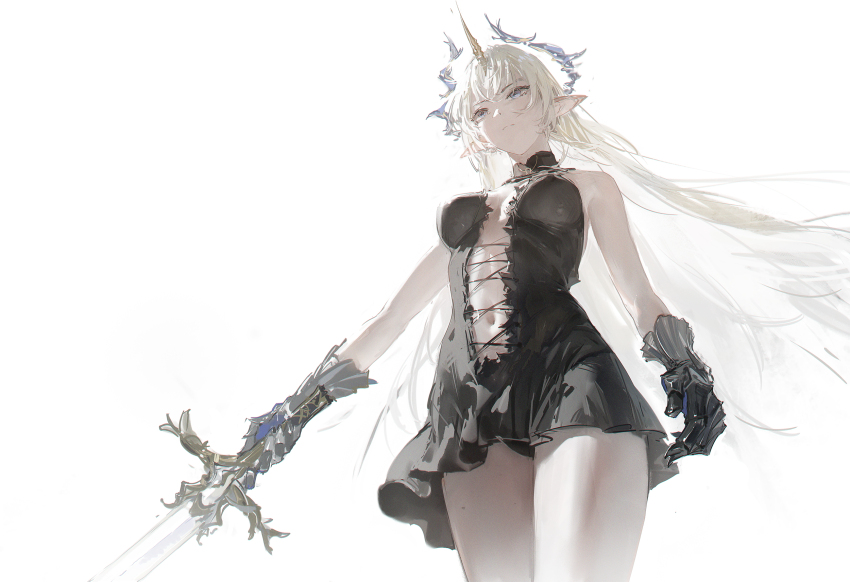1girl alternate_breast_size bare_shoulders black_dress blonde_hair blue_eyes breasts center_opening closed_mouth commentary crown dino_(dinoartforame) dress fleurdelys_(wuthering_waves) floating_crown from_below gauntlets highres holding holding_sword holding_weapon horns long_hair looking_ahead medium_breasts navel pointy_ears simple_background single_horn solo sword very_long_hair weapon white_background wuthering_waves