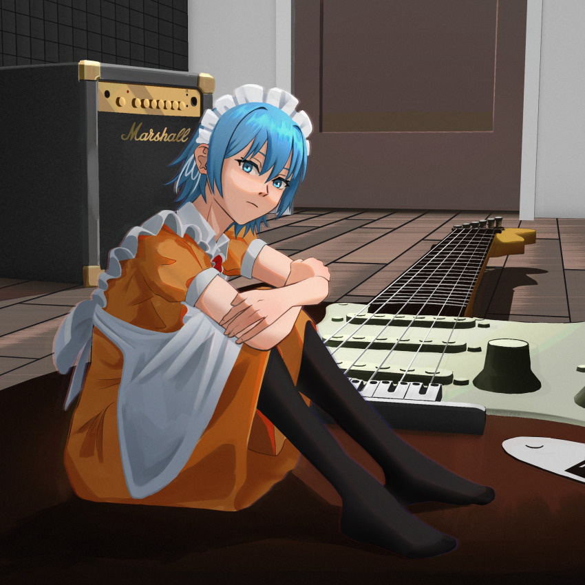 1girl amplifier apron blue_eyes blue_hair chikoi electric_guitar feet futaba_channel guitar highres instrument looking_at_viewer maid maid_apron maid_headdress marshall_amplification nijiura_maids pantyhose sitting untermeh