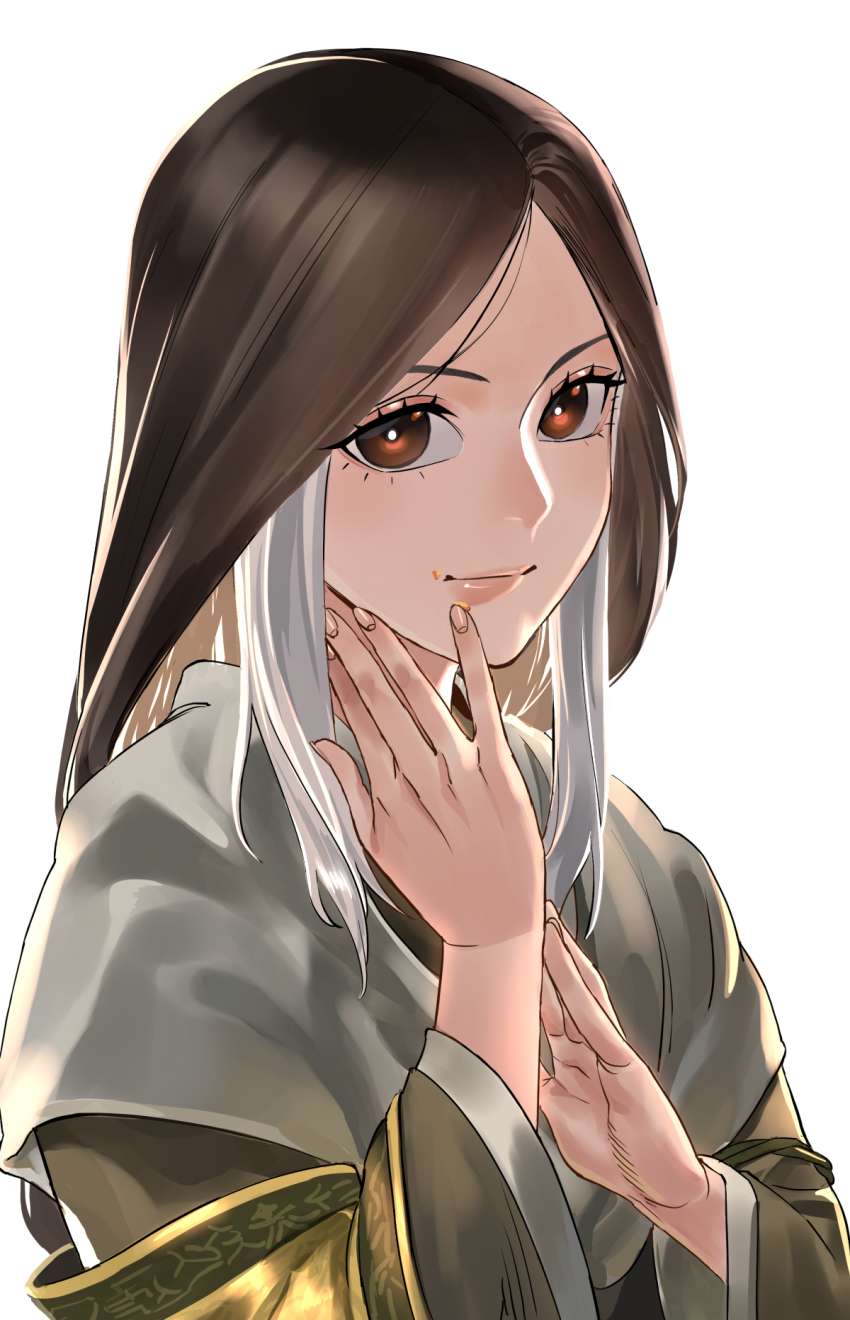 1girl brown_eyes brown_hair closed_mouth commentary crumbs divine_child_of_rejuvenation english_commentary highres japanese_clothes kimono long_hair long_sleeves looking_at_viewer m0biuzz multicolored_hair parted_bangs sekiro:_shadows_die_twice smile solo white_background white_hair