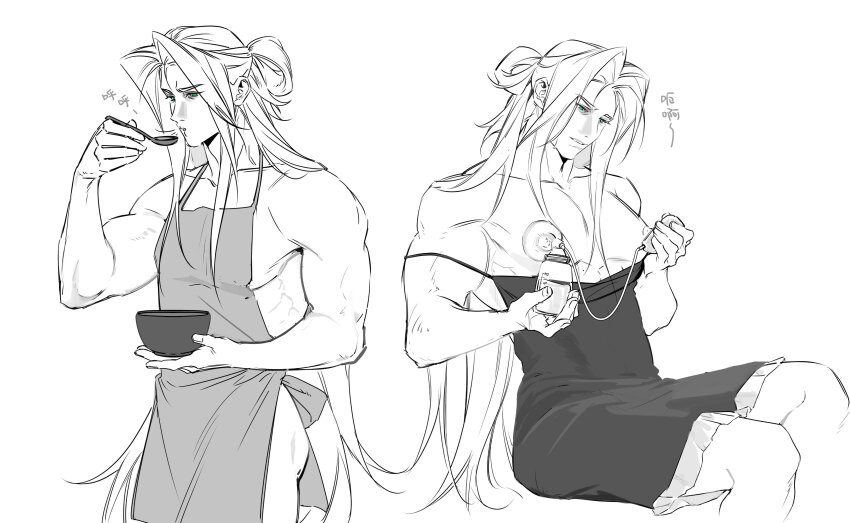 1boy absurdres alternate_costume alternate_hairstyle apron bare_shoulders blowing bottle bowl breast_milk breast_pump chinese_commentary crossdressing dress final_fantasy final_fantasy_vii food frilled_dress frills green_eyes highres holding holding_bowl lactation long_hair male_focus milk milk_bottle milking_machine miso_soup multiple_views naked_apron nipples open_mouth parted_lips pectorals recalderzhi self_milking sephiroth sitting slit_pupils soup sweat toned toned_male
