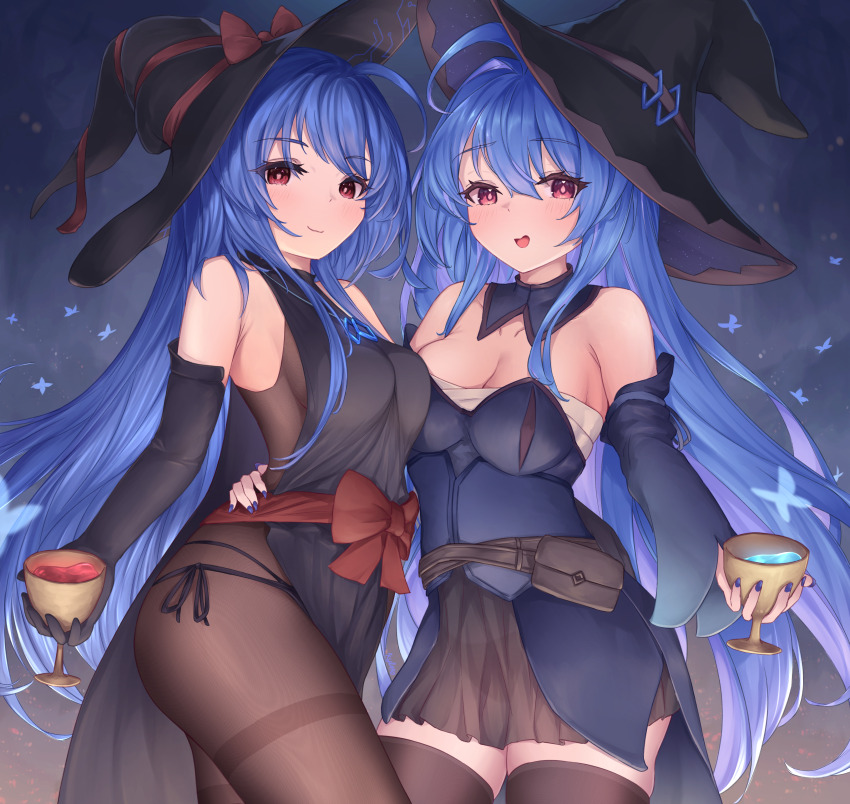 2girls :d absurdres alternate_costume azur_lane bare_shoulders black_dress black_gloves black_panties blue_dress blue_hair blue_nails blush bodysuit bow breast_press breasts cleavage corset detached_sleeves dress elbow_gloves gloves hair_between_eyes hand_on_another&#039;s_hip hat hat_bow helena_(azur_lane) helena_(meta)_(azur_lane) highres hip_focus kyl490 long_hair looking_at_viewer medium_breasts multi-strapped_panties multiple_girls open_mouth panties pink_eyes purple_eyes purple_hair red_bow red_eyes side-tie_panties sideless_dress sleeveless sleeveless_dress smile strapless strapless_dress symmetrical_docking thighhighs thighs tube_dress underwear very_long_hair witch witch_hat