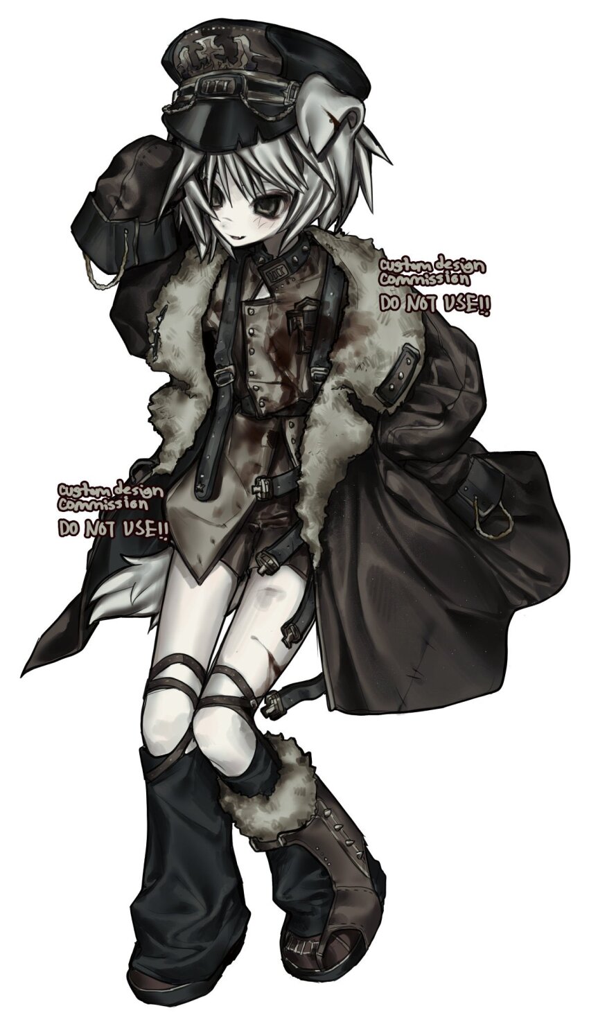 1girl animal_ears bleeding blood blood_on_clothes brown_coat coat commentary_request cuts dog_ears dog_girl dog_tail full_body grey_eyes grey_hair hand_in_pocket hat highres injury korean_commentary leg_warmers original peaked_cap senmaze short_hair shorts simple_background sleeves_past_fingers sleeves_past_wrists solo tail white_background