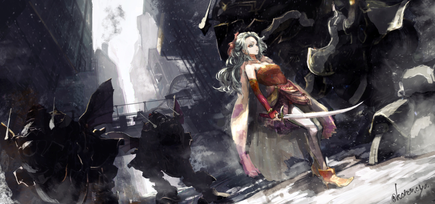 1girl absurdres artist_name asymmetrical_bangs bare_shoulders boots breasts cape detached_sleeves dress expressionless final_fantasy final_fantasy_vi green_hair grey_eyes hair_ribbon high_heel_boots high_heels highres holding holding_sword holding_weapon koromoya long_hair magitek_armor outdoors pantyhose parted_bangs perspective ponytail red_dress red_ribbon red_sleeves ribbon sash signature small_breasts snowing strapless strapless_dress sword tina_branford town tube_dress waist_sash weapon white_pantyhose yellow_cape