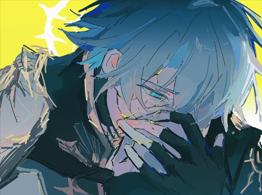 1boy aqua_eyes black_choker black_gloves blue_hair choker close-up coat collared_coat cracked_skin fingerless_gloves from_side gloves hair_between_eyes hands_on_own_face high_collar highres honkai:_star_rail honkai_(series) leaning_forward looking_down own_hands_together phainon_(honkai:_star_rail) qingyu1716 shade short_hair solo upper_body wavy_hair yellow_background yellow_blood yellow_pupils